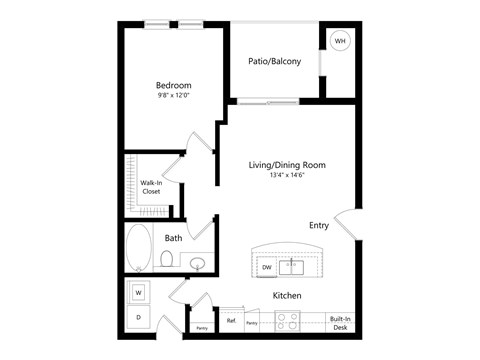 Floor plan for 1 bed, 1 bath, 728 sqft